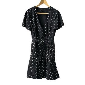 Banana Republic Womens True Wrap Dress Size 8 Black White Polka Dot Ruffle Hem